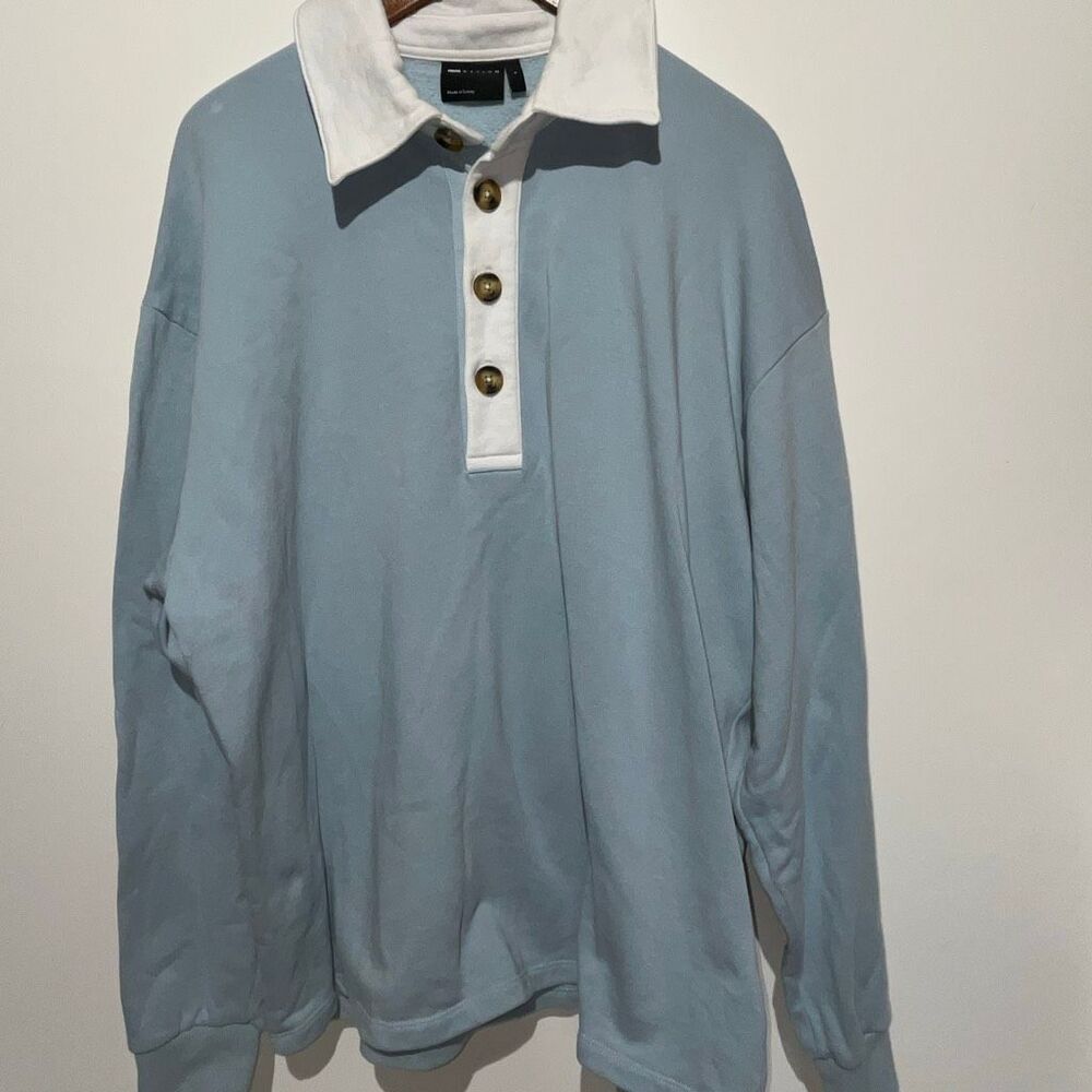 ASOS Design Men's Light Blue Fleece 100% Cotton Rugby Polo Sweatshirt Large